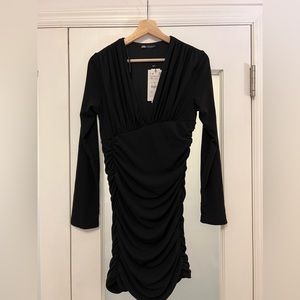 Zara long sleeve little black dress plunge neckline size medium
